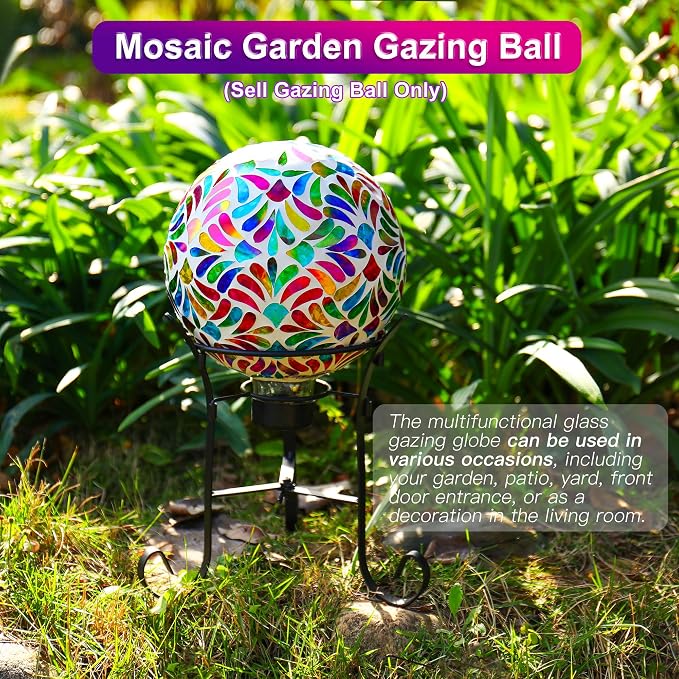 SAVENNA Mosaic Garden Gazing Ball, 8 Inch Fade-Resistant Glass Decorative Sphere for Garden, Yard & Patio, All-Season Outdoor Garden Decor Accent, Multicolor Petal Pattern