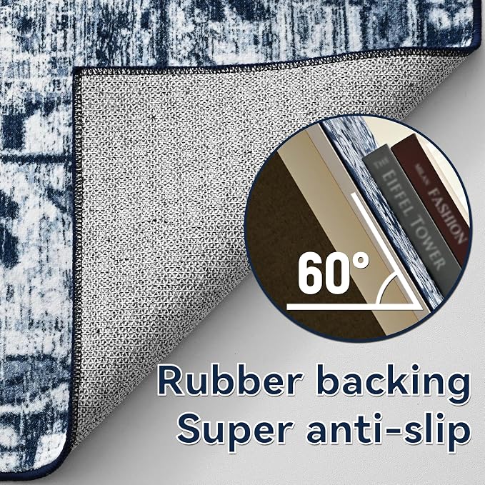 YJ.GWL Area Rugs for Living Room 6x9 Machine Washable Rugs, Non Slip Floral Vintage Rug Indoor Carpet, Stain Resistant Large Rug for Bedroom Dining Room, Navy Blue