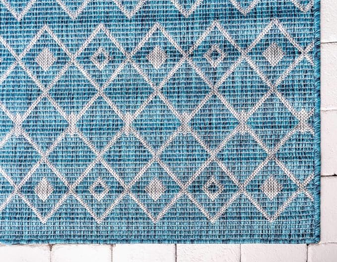 Unique Loom Outdoor Trellis Collection Area Rug - Tribal Trellis (9' x 12' Rectangle, Teal/ Ivory)