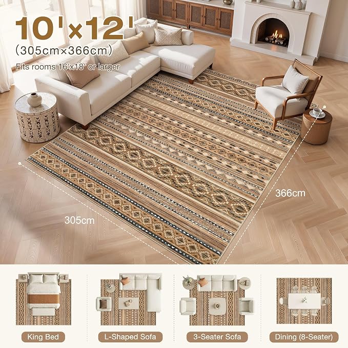 cotiled Boho 9x12 Area Rug for Living Room: Large Moroccan Washable Rug | Solve Modern Neutral Trendy Home Decor - Stain Resistan Carpet for Bedroom Farmhouse Dining Room Brown Beige