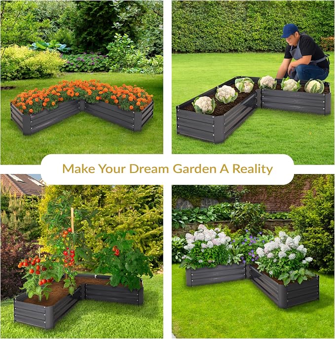 Sunnydaze Galvanized Raised Garden Bed Kit - 5x5x1 ft Outdoor Raised Garden Bed - Metal Planter Box for Vegetables, Flowers, Herbs - Dark Gray - L-Shaped