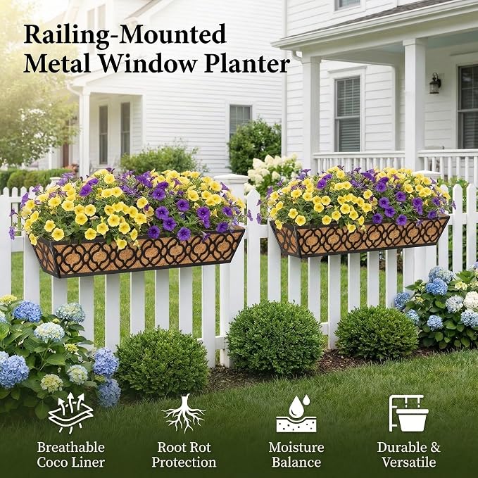 6 Pack 30 Inch Railing Planter Box with Coco Liner, Adjustable Metal Window Box Planter for Balcony Deck Fence, Hanging Flower Basket for Outdoor Garden, Black