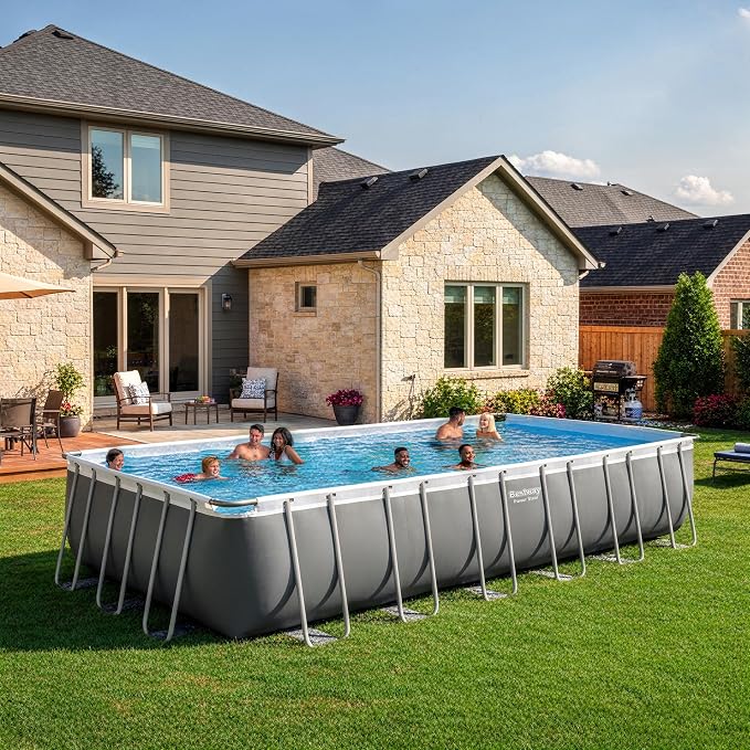 Bestway Power Steel 24’ x 12' x 52” Above Ground Pool with Sand Filter Pump | Durable Rectangular Metal Frame Outdoor Backyard Pool with Puncture-Resistant Liner - Ladder and Cover Included