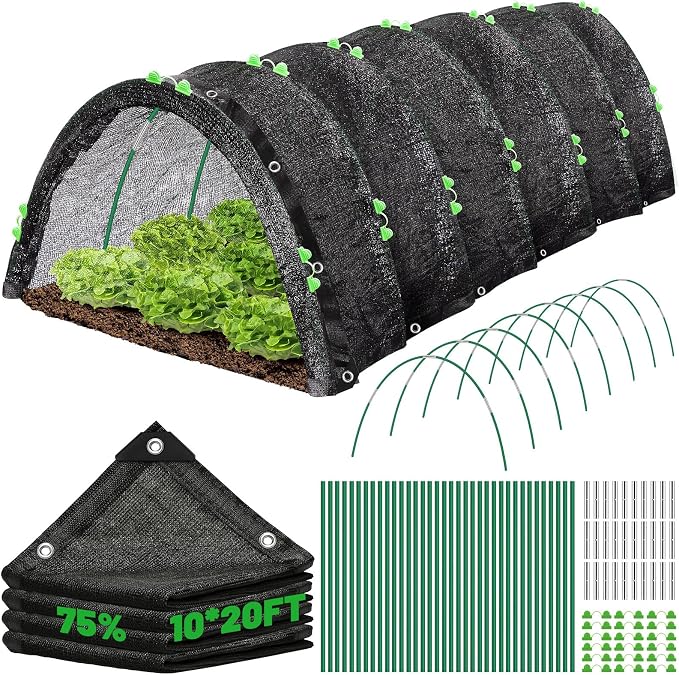 10 X 20FT 75% Garden Shade Cloth with Hoops,Plant Shade Cloth Garden Greenhouse Grow Tunnel for Heat Protection,Raised Bed Row Cover Black Netting Tarp for Outdoor Outside Patio Chicken Coops