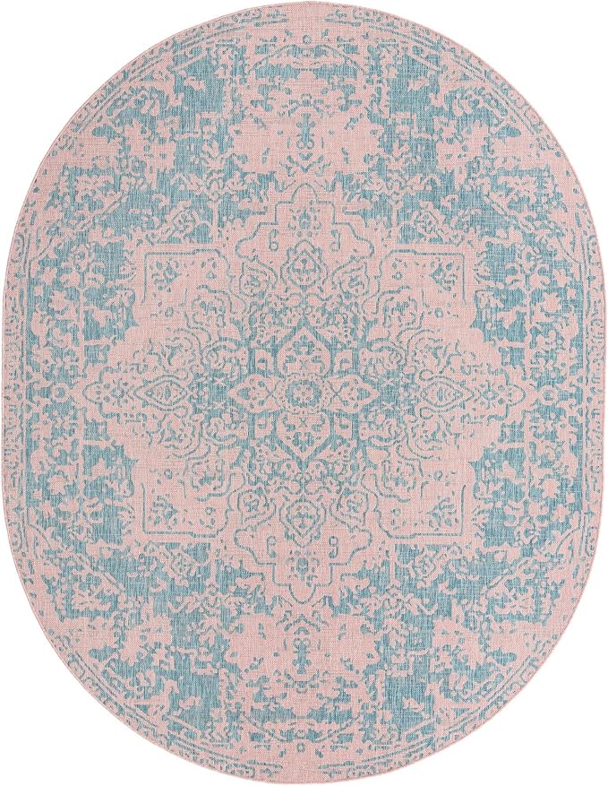 Unique Loom Jill Zarin Jill Zarin Outdoor Collection Area Rug - Dubai (7' 10" x 10' Oval, Pink and Aqua/Light Blue)