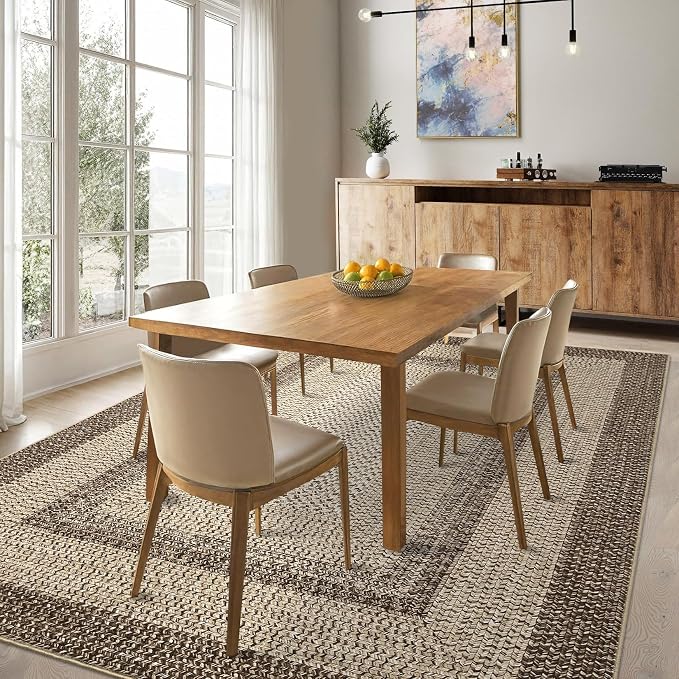 RUGSREAL Large Bedroom Rug 6x9 Washable Braided Print Living Room Rugs | Non Slip Low Pile Farmhouse Rustic Carpet Geometric Bordered Braided Carpet for Nursery Kitchen Home Office, Camel