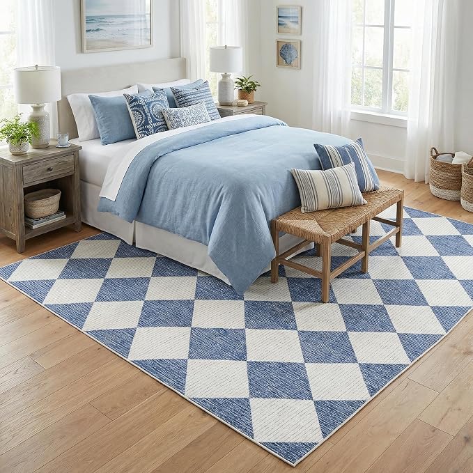 GarveeHome 6x9 Checkered Area Rug Navy Blue Washable Living Room Rug | Modern Geometric Farmhouse Carpet Soft Low Pile Non Slip Diamond Floor Mat Plaid Print Throw Rug for Dining Room Playroom