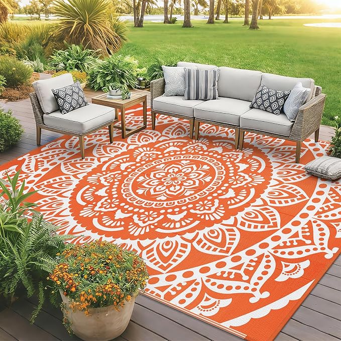 Bsmathom Waterproof Outdoor Rug 9x12ft Orange | Large Reversible, Boho Plastic Straw, Portable RV Mat, For Patio Deck Camping Beach Pool