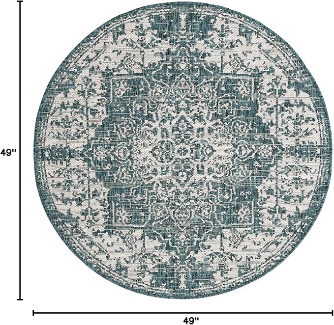 Unique Loom Outdoor Collection Area Rug - Dubai (4' 1' Round, Teal/ Ivory)