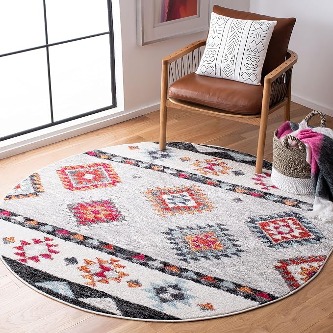 SAFAVIEH Adirondack Collection 6' Round Grey / Red ADR245F Boho Tribal Non-Shedding Dining Room Entryway Foyer Living Room Bedroom Area Rug
