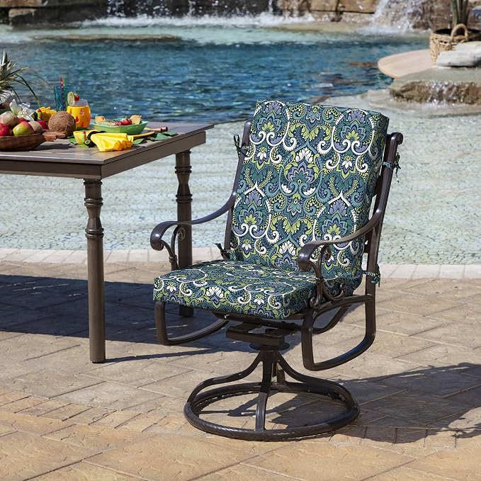 Arden Foam Patio Dining Outdoor Chair Cushions, 20 x 44, Premium High-Density Foam, Never Flattens, Weather-Proof for Outdoor Chairs, Sapphire Aurora Blue Damask