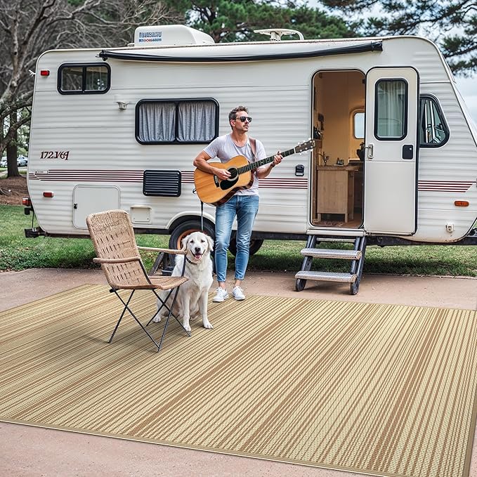 GENIMO Outdoor Rug for Patio Clearance, 9'x12' Reversible Plastic Straw Rugs, Lightweight Waterproof RV Camping Mat for Camper, Balcony, Deck, Backyard, Picnic, CoffeeBeige