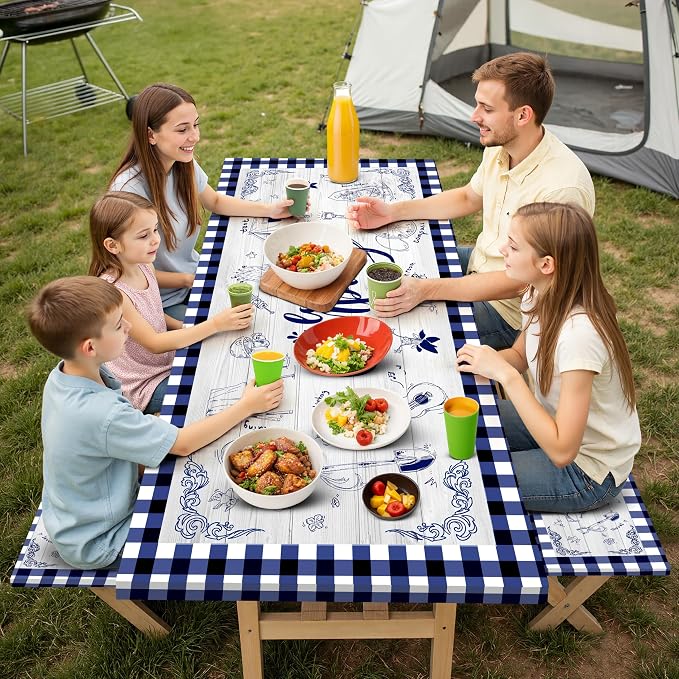 Picnic Table Cover with Bench Covers Elastic,Fitted Table Cloths for Rectangle Tables 6 Foot Washable,Waterproof Tablecloth for Outdoor Camping Essentials (Blue Checked, 6 Foot)