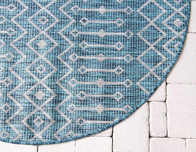 Unique Loom Outdoor Trellis Collection Area Rug - Tribal Trellis (4' 1" Round, Teal/ Ivory)