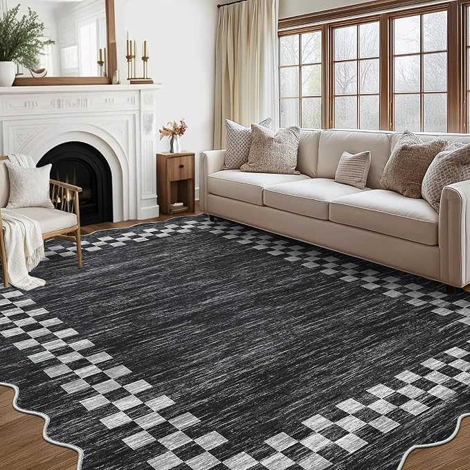 GarveeHome 10x13 Area Rug Large Living Room Bedroom Washable Scalloped Rug | Non Slip Low Pile Bedroom Throw Carpet Soft Modern Bordered Dining Room Rug Stain Resistant Carpet for Home Office, Grey