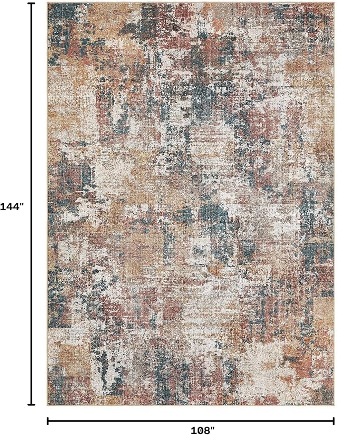 Tortania Washable 9x12 Area Rug for Living Room: Modern Abstract Neutral Large Soft Thin Rugs - Non Slip Indoor Carpet for Bedroom Dining Room Office Nursery Home Floor Decoration - Colorful Multi