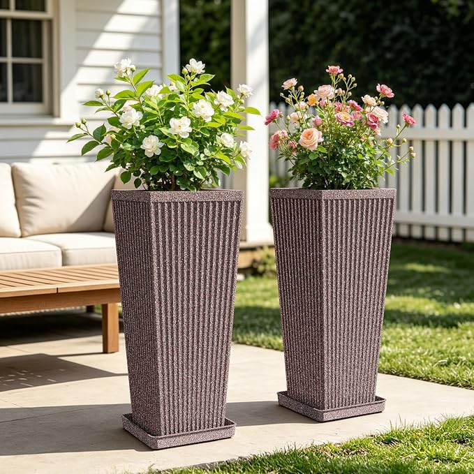 Taper Tall Planters for Outdoor Plants Set of 2, 24 Inch Faux Stone Large Outdoor Planters for Porch with Drainage Tray Saucers & Holes, Fluted Tall Indoor Flower Pots for Patio Balcony, Brown