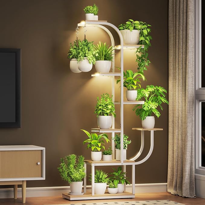 White Plant Stand, 7 Tier Tall Plant Shelf with Grow Light, Large Curve Shaped Lighted Plant Stand for Multiple Plants, Indoor Home Decor Display Rack