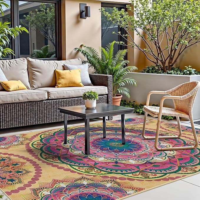 Arenarug Meditation Indoor Outdoor Rug 4x6 ft Mandala Pattern Rug Boho Style,Yoga Meditation Mat Picnic Rug for Patio Living Room Porch Garden Deck Backyard Easy to Clean Non Shedding Non-Slip