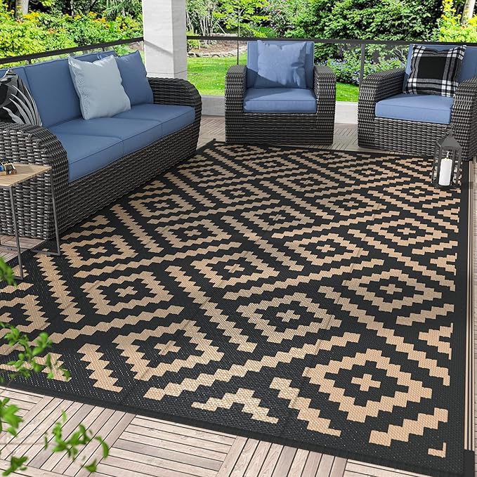 GENIMO 5'x8'Outdoor Rug Waterproof, Reversible Mats, Area Rug, Plastic Outside Carpet, Geometric Rv Mat for Patio Camping Rv Picnic Backyard Deck Balcony Porch Beach Trailer (Black & Brown)