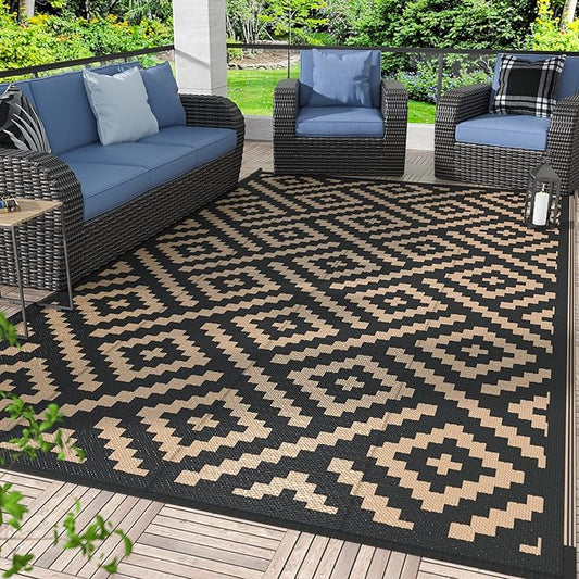 GENIMO Outdoor Rugs 8'x10' Waterproof, Reversible Mats, Area Plastic Straw Rug, Outside Carpet, Geometric Rv Mat for Patio Camping Rv Picnic Backyard Deck Balcony Porch Beach Trailer (Black & Brown)