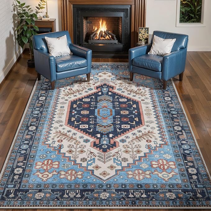 Ciicool Washable 3x5 Area Rug,Boho Non-Slip Indoor Mat for Entryway Kitchen | Oriental Low-Pile Soft Vintage Boho Indoor Entry Carpet for Bedroom Bedside Living Room Laundry Dining Room