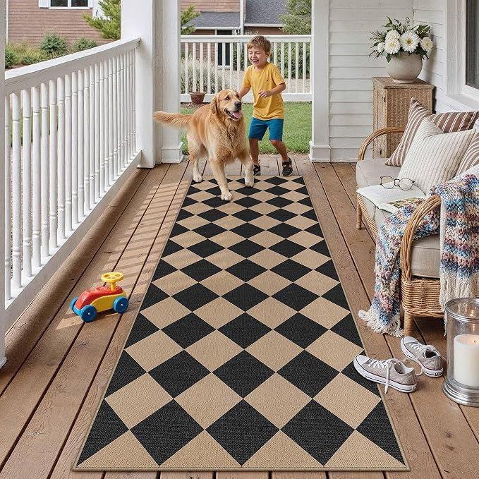 PureCozy 2x8 Checkered Easy Jute Runner Rug Non Slip Hallway Kitchen Washable Outdoor Rug for Entryway Indoor Checkerboard Black Long Indoor Outdoor Carpet for Bedside Entry Front Door Porch
