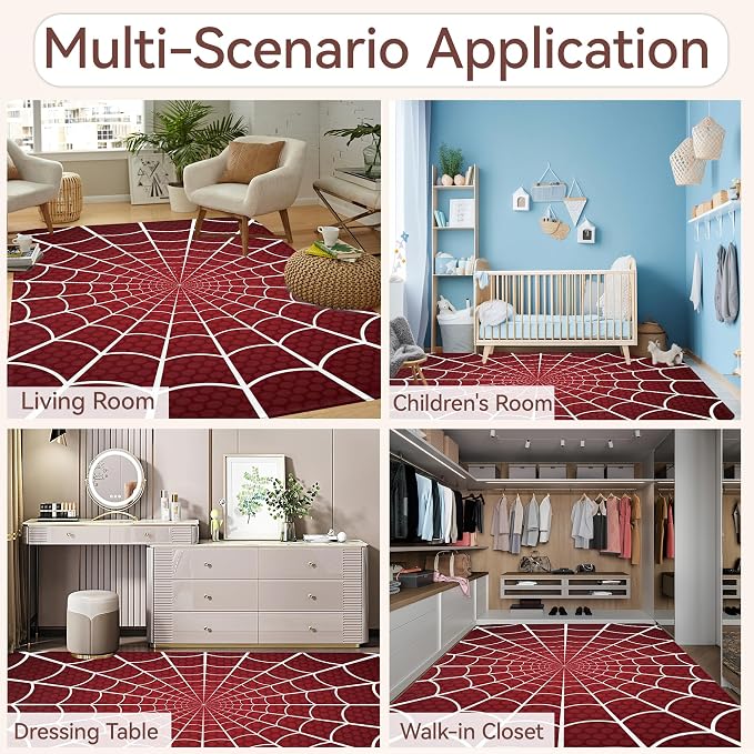 Red Spider Web Area Rugs for Living Room 5x7,Halloween Spiderweb Bedroom Rug Washable Non-Slip Soft Floor Big Carpets for Dining Room Nursery,Kids Home Decor Aesthetic