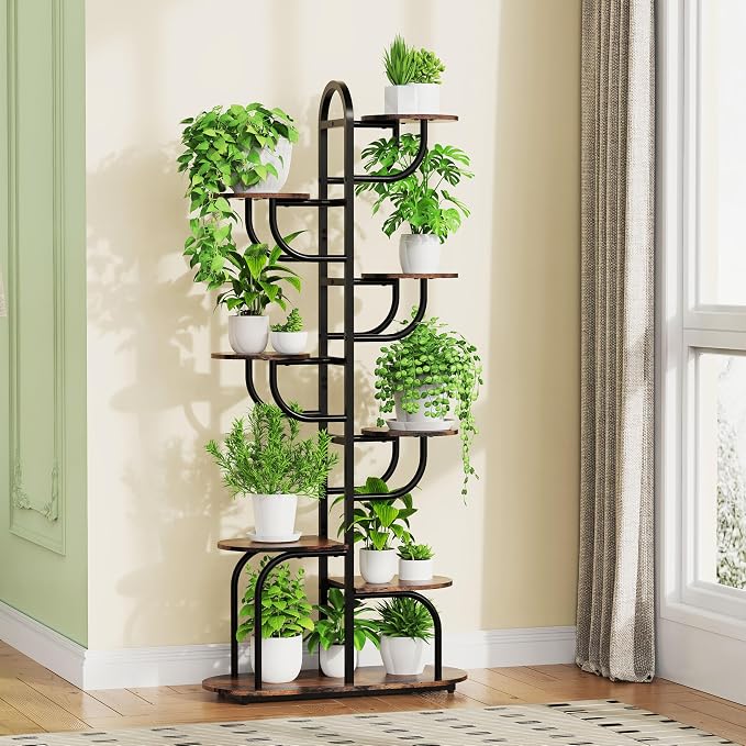 Arch Plant Stand Indoor | Large 8-Tiered Tall Plant Stand with Full Spectrum Grow Light | Corner Black Freestanding Display Shelf for Collectibles | Suitable for Living Room, Study, Entrance, Balcony