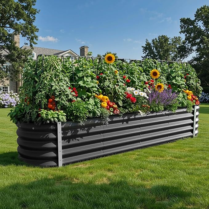 YITAHOME 8x2x1.5ft Galvanized Oval Raised Garden Bed, Metal Planter Box with Safety Rubber, Gloves, Outdoor Flower Bed for Planting Plants Vegetables, Black