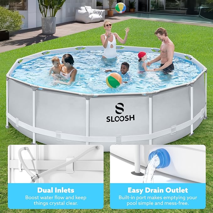 SLOOSH Round Above Ground Pool - 12ft x 30inch Outdoor Round Frame Above Ground Swimming Pool Set for Kids Adults with Filter Pump