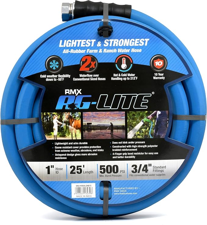 AG-LITE BSALONE25 1" x 25' Hot/Cold Water Rubber Garden Hose, 100% Rubber, Ultra-Light, Super Strong, 500 PSI, 50F to 190F Degrees, High Strength Polyester Braided, 2x Water Flow