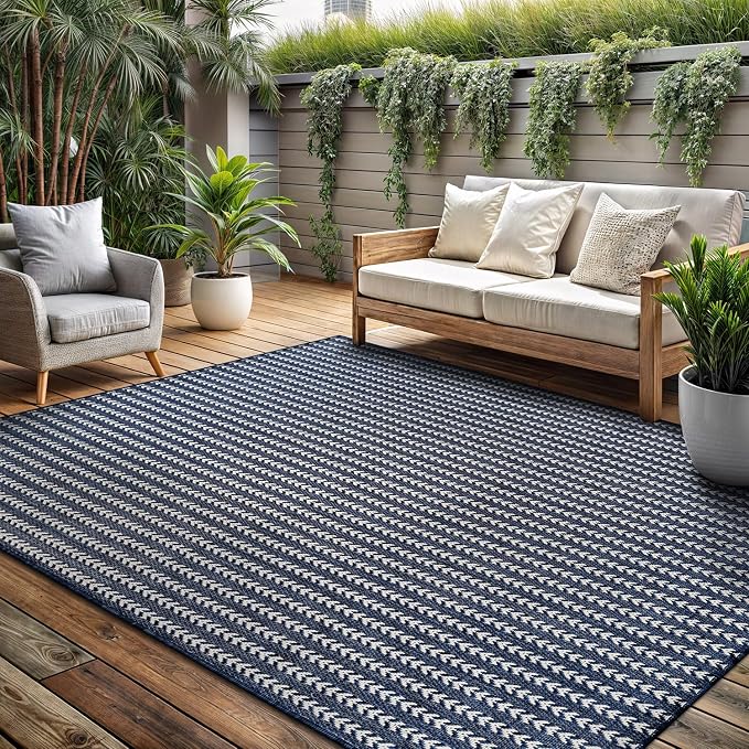 Washable Outdoor Rug 6x9 Modern Area Rugs Outdoor Carpets Striped Pattern Non Shedding Waterproof Easy Clean Patio Deck Porch Living Room Bedroom Garden RV (6 X 9 Navy)