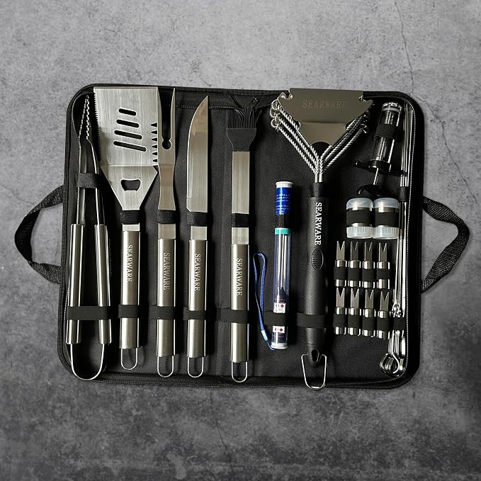 Barbecue Grill Tool Set - Stainless Steel - Strong Durable Design - Heat Resistant Glove & Bristle Free Grill Brush - Thermometer, Meat Injector, & Corn Skewers - Perfect For Smokers & Grills