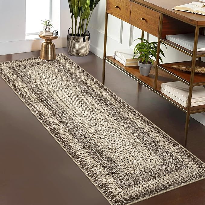 RUGSREAL 2x6 Runner Rug Braided Print Hallway Area Rugs Machine Washable | Throw Floor Cover Non Slip Modern Runner Carpet for Kitchen Farmhouse Rustic Carpet for Living Room Bedroom, Camel