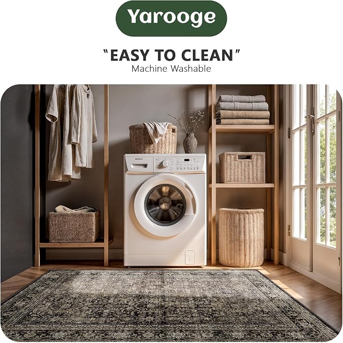 8x10 Area Rugs for Living Room - Washable Vintage Retro Large Rug, Soft Ultra Thin Non Slip Low Pile Traditional Distressed Boho Carpet for Bedroom Dining Room Home Office, Brown