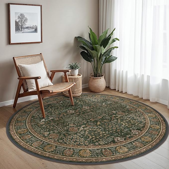 5ft Round Area Rug 5x5, Washable Non Slip, Dark Green Brown | Vintage Floral, Spill Resistant, Lightweight Low Pile Non-Shedding Carpet for Bedroom, Nursery and Dining Room
