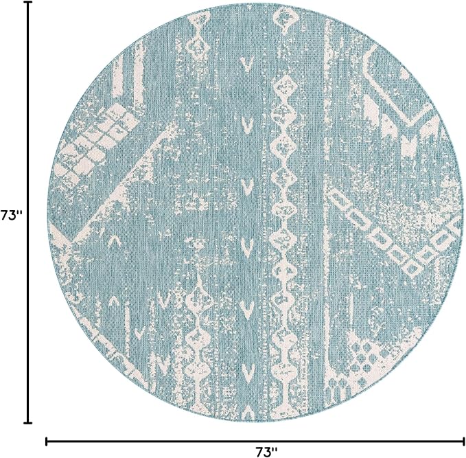 Unique Loom Outdoor Bohemian Collection Area Rug - Anthro (6' 1" Round, Light Aqua/ Ivory)