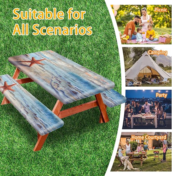 Park Picnic Table Cover with Bench Covers Lightweight Camping Essentials, Oil-Proof Waterproof 3PCS Tablecloth with Elastic, Fitted for Table 6FT Rectangle and Seats, Board Beach (72x30in)
