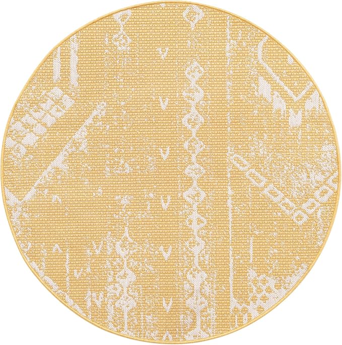 Unique Loom Outdoor Bohemian Collection Area Rug - Anthro (4' 1" Round, Yellow/ Ivory)