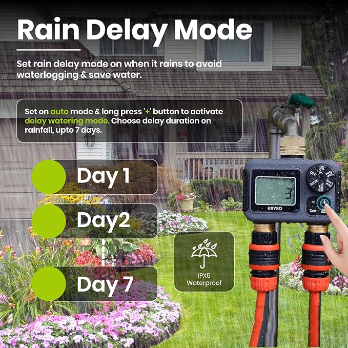 Kryso 2-Zone Sprinkler Timer with Brass Inlet & Outlet – Programmable Garden Hose Water Timer with Rain Delay, Manual & Automatic Irrigation Controller for Yard, Lawn & Outdoor Watering