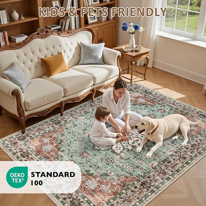 6x9 Area Rugs Living Room: Washable Rug for Bedroom Brown Green | Boho No Slip Stain Resistant Rug Soft Indoor Decor Floor Floral 6x9 Area Rugs for Dining Room, Nursery, Hallway, Home Office