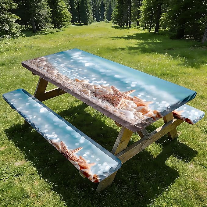 NYZE 3 Pieces Picnic Table Cover with Bench Covers Set, Camping Tablecloth, Tablecloth Cover with Drawstring Bag, Camping Essentials for Outdoor Picnics, Patio, BBQ (Starfish Beach)