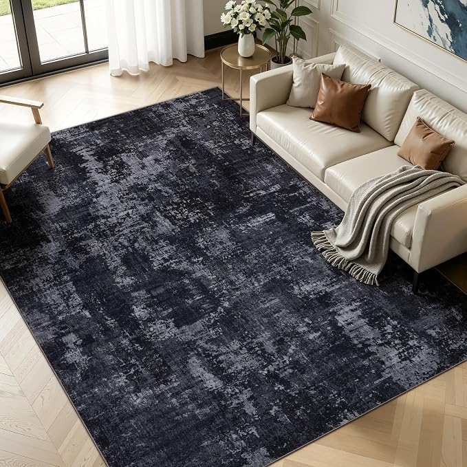 Sasttie 8x10 Washable Area Rug, Modern Abstract Large Rug, Black & Grey | Ultra-Soft Faux Wool, Machine Washable, Low Pile, Non-Slip, Lightweight, Thin, for Living Room, Bedroom, Dinning Room & Dorm