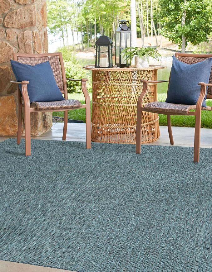 Unique Loom Outdoor Solid Collection Area Rug (7' 10" Square Teal/Navy Blue)