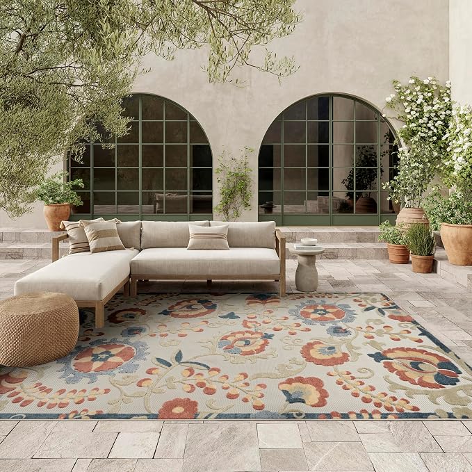 Nourison Home Aloha Grey Multicolor 7'10" x 10'6" Area Rug - Easy Clean, Non Shedding, Bed Room, Living Room, Dining Room, Kitchen (8' x 11')