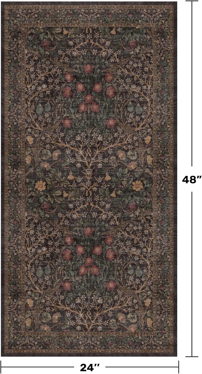 Dark Brown 2x4 Entryway Rug, Small Runners for Kitchen, Door Mat Indoor Entrance, Bathroom, Non-Slip Low-Pile Washable Stain Resistant, Vintage Floral Design
