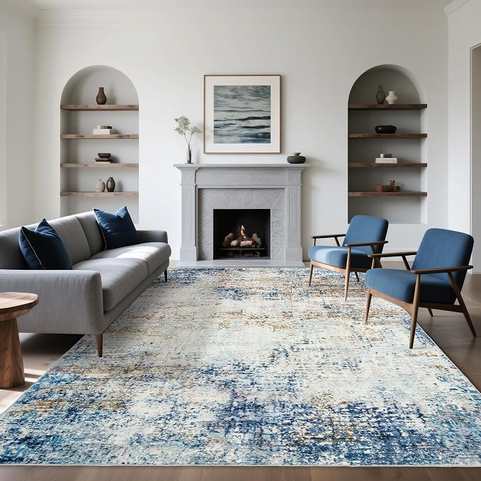 Washable 10x14 Area Rug: Blue Rugs for Living Room Dining Room Bedroom Office Indoor - Non-Slip Modern Large Carpet Home Decor - 10x14 Mottled Blue