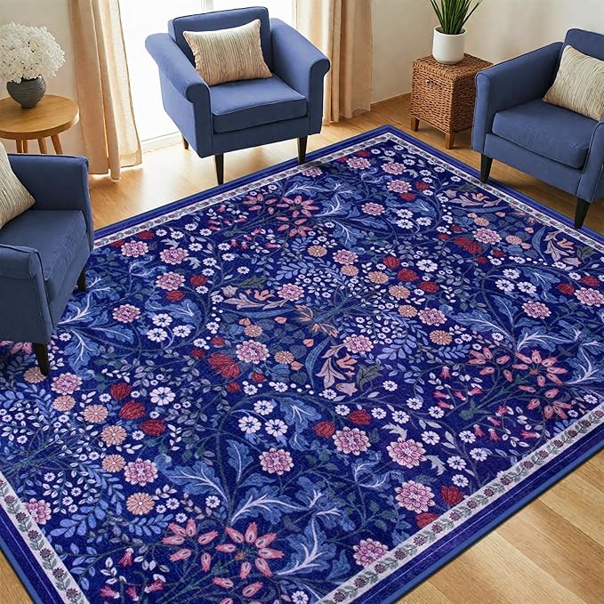 PLHXFR Area Rug Living Room: 4x6 Floral Washable Boho Soft Carpet Blue | For Bedroom Dining Room Farmhouse Nursery Hallway,Vintage Floral,Machine washable,Non Slip,Stain Resistant,Large Indoor