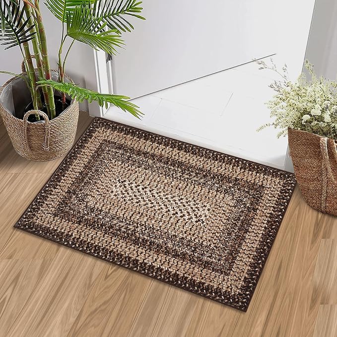 RUGSREAL Entryway Rug 2x3 Small Bedroom Washable Rus with Rubber Backing | Living Room Non Slip Bathroom Mat Stain Resistant Braided Print Carpet for Dining Room Kitchen Hallway, Brown